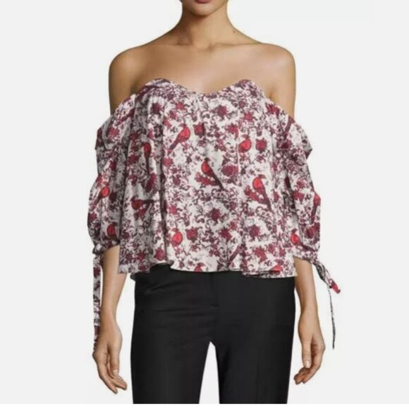 CAROLINE CONSTAS Gabriella Red Bird and Floral Print Off the Shoulder Top Small - Picture 1 of 8